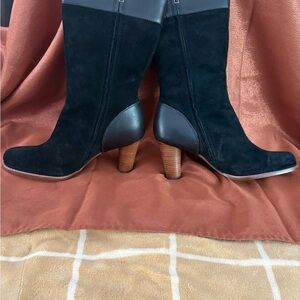 UGG Australia Suede Shearling Heeled Boots Black Leather Trim Size 9 Authentic